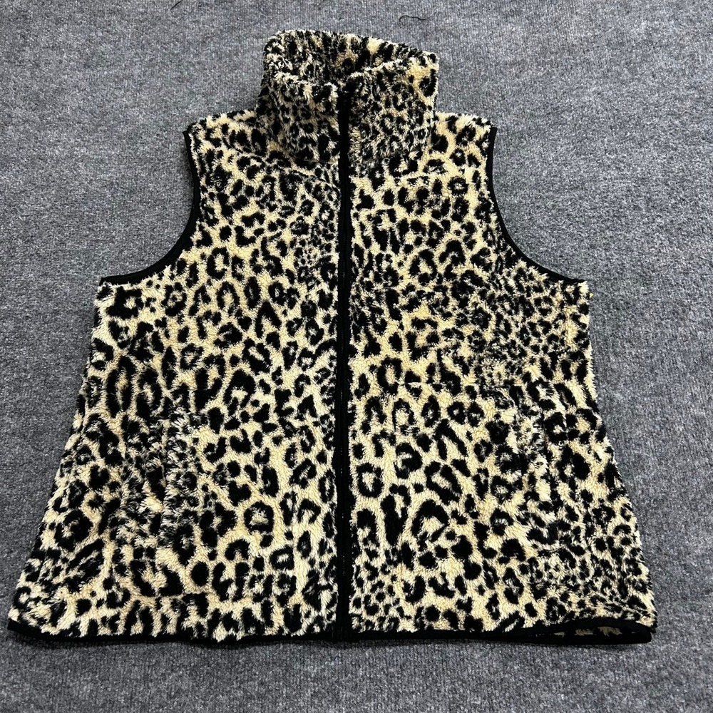 Chaps Vest Womens XXL Tan Leopard Print Fleece Full Zip Sleeveless High Neck